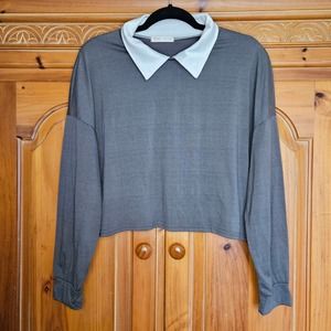 Juniors Gray With White Collar ROMWE Long Sleeve Crop Top‎ Size 6